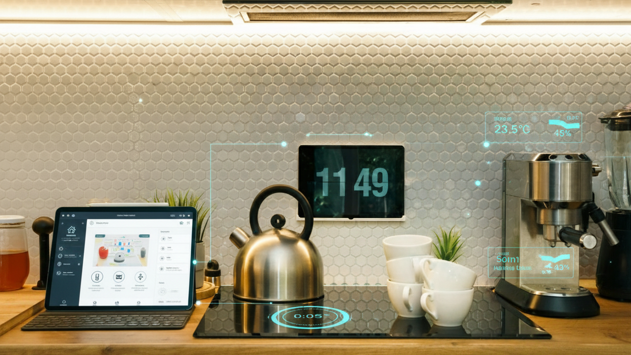 Smart Home Steuerung mit Laptop und Tablet in einer Küche